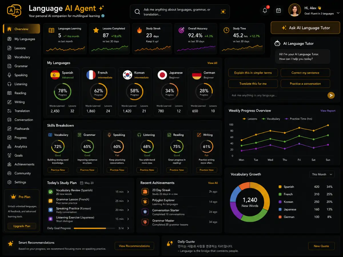 languageagent.app AI language agent app — language dashboard preview